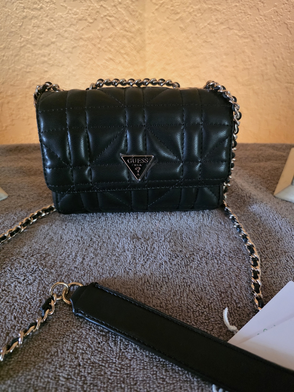 GUESS Black Quilted Chain-Accent Crossbody Bag - Picture 4 of 7